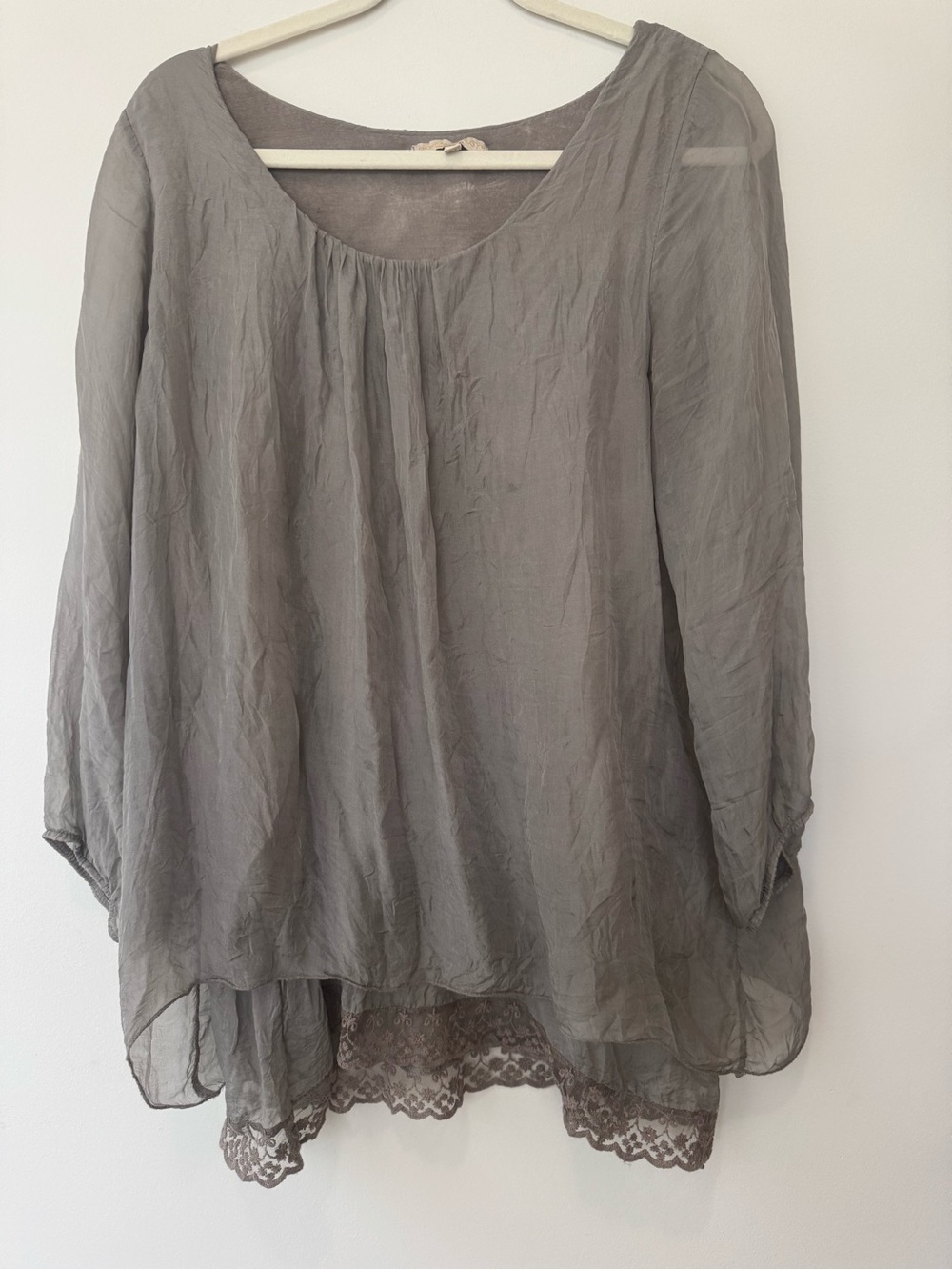 Prontomoda Giusy Gray 100% Silk Blouse Lace Tunic Italy Sheer Layered M